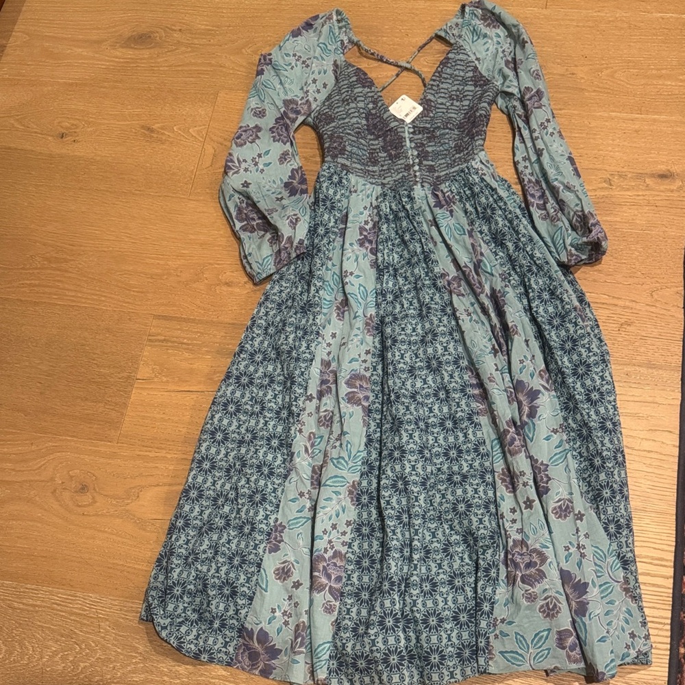 Free People Teal and Purple Long Sleeve Maxi Dress